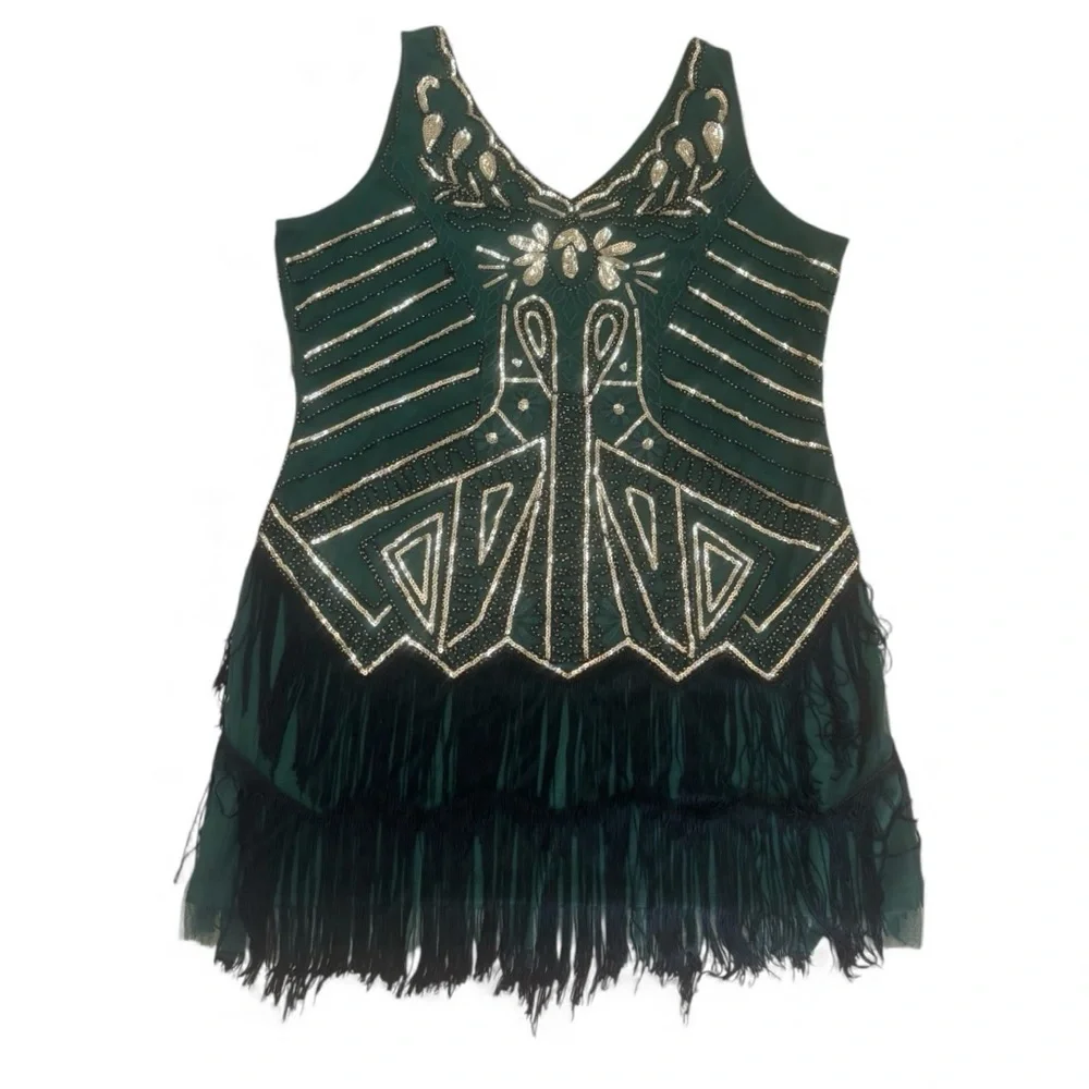 NWT BABEYOND Emerald & Gold Sequin Flapper Holiday Party Dress 3X-5XL Fringe - Picture 4 of 16
